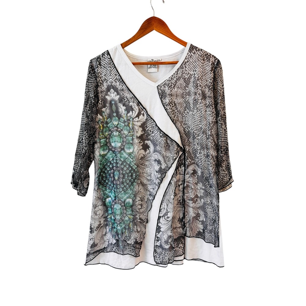 Parsley & Sage Tunic Top Size‎ XL Wearable Art Mixed Media Jewel 3/4 Sleeve